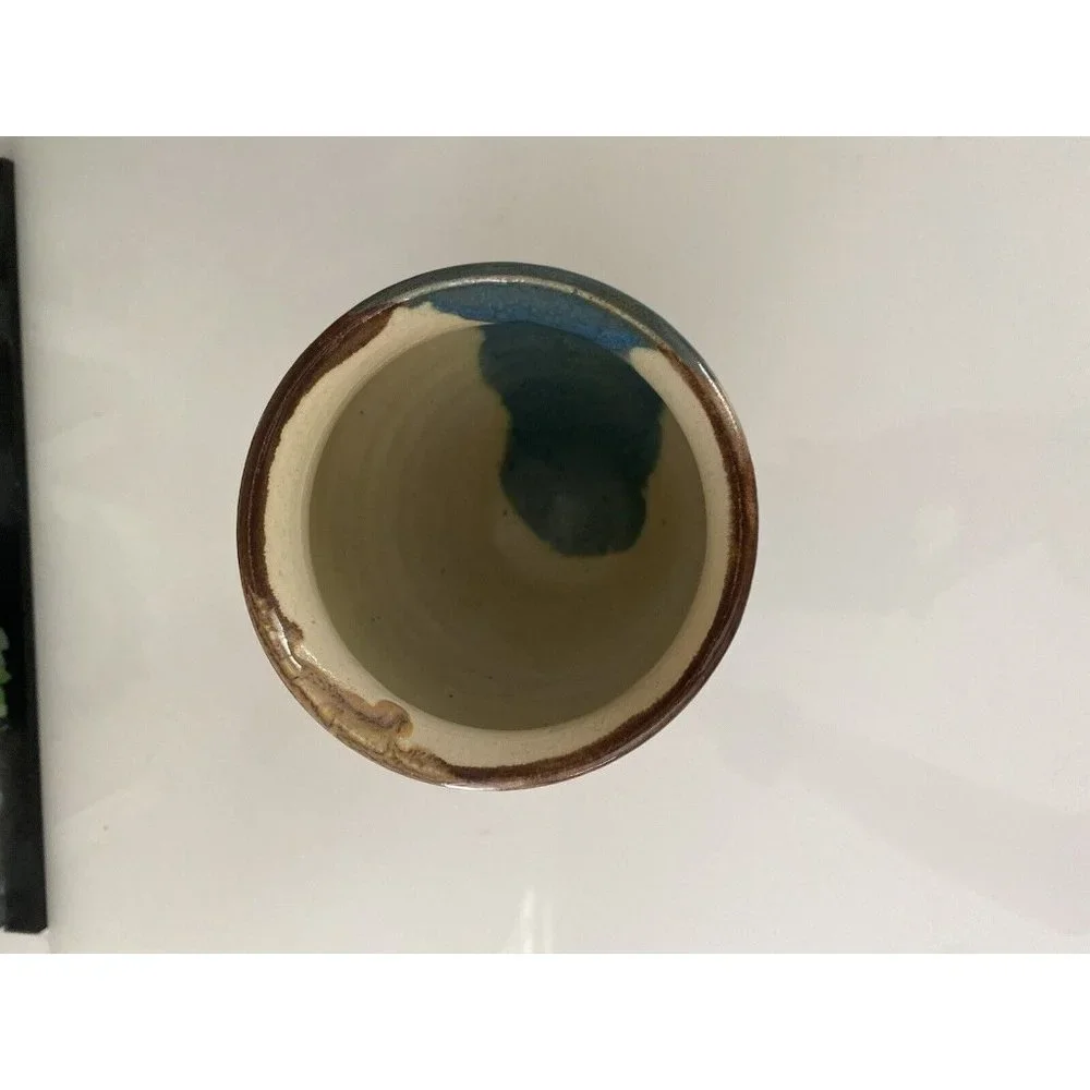 Blue and Brown Glazed Rare Signed by Artist Jen O MCM Studio Art Pottery Vase 5